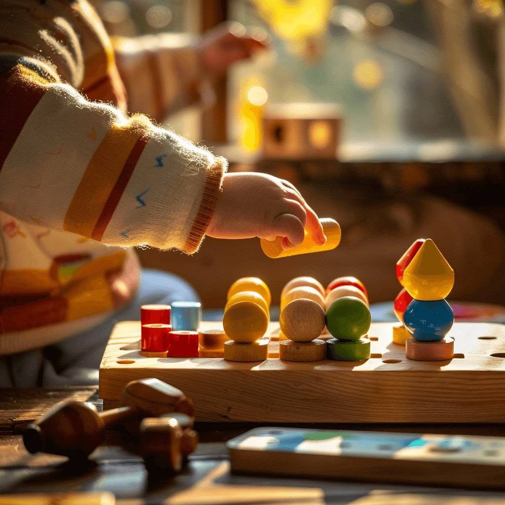 vaikas zaidzia su mediniais zaislais